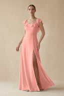 Rosette Square Neck A-Line Bridesmaid Dress with Ruffles | KISSBRIDAL