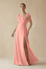 Rosette Square Neck A-Line Bridesmaid Dress with Ruffles | KISSBRIDAL