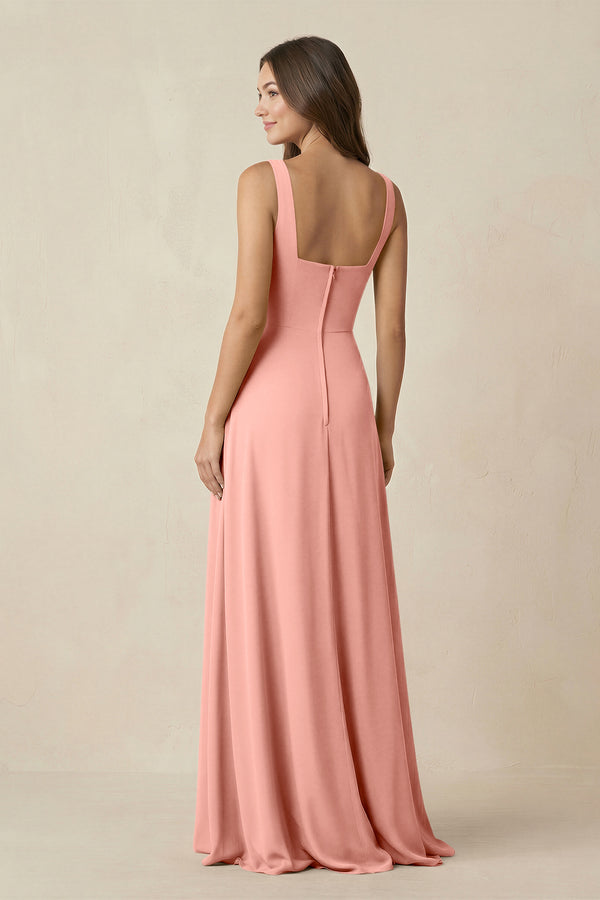 Rosette Square Neck A-Line Bridesmaid Dress With Slit (2) | KISSBRIDAL