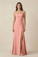 Rosette Square Neck A-Line Bridesmaid Dress With Slit | KISSBRIDAL
