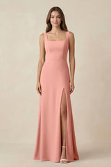 Rosette Square Neck A-Line Bridesmaid Dress With Slit | KISSBRIDAL