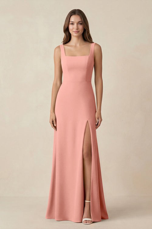 Rosette Square Neck A-Line Bridesmaid Dress With Slit | KISSBRIDAL
