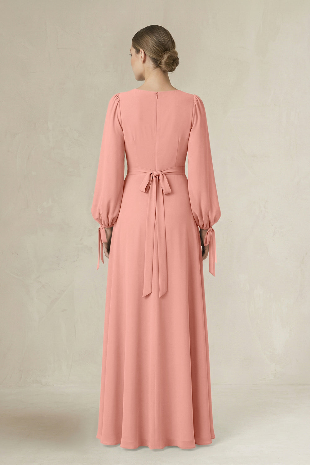 Square Neck Long Sleeve A-Line Chiffon Bridesmaid Dress in Rosette