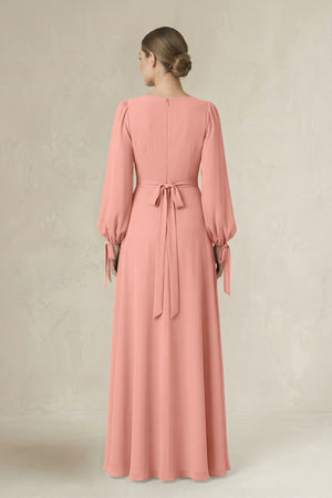 Rosette Square Neck Long Sleeve A-Line Chiffon Bridesmaid Dress in Rosette (2) | KISSBRIDAL