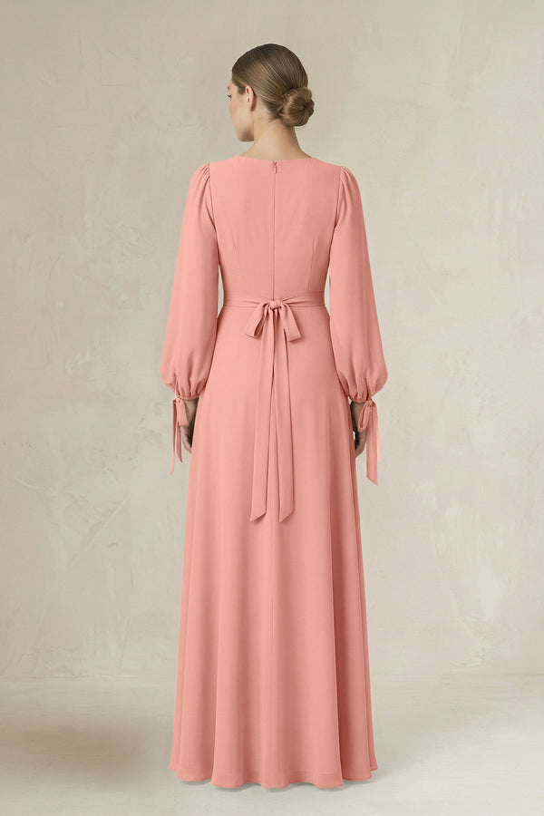 Rosette Square Neck Long Sleeve A-Line Chiffon Bridesmaid Dress in Rosette (2) | KISSBRIDAL