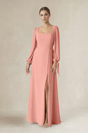 Rosette Square Neck Long Sleeve A-Line Chiffon Bridesmaid Dress in Rosette | KISSBRIDAL