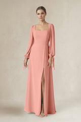Rosette Square Neck Long Sleeve A-Line Chiffon Bridesmaid Dress in Rosette | KISSBRIDAL