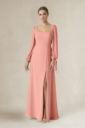 Rosette Square Neck Long Sleeve A-Line Chiffon Bridesmaid Dress in Rosette | KISSBRIDAL