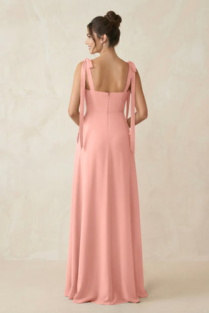 Rosette Square Neck Sheath Chiffon Bridesmaid Dress with Bow (2) | KISSBRIDAL