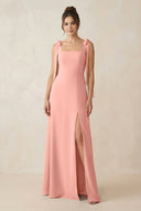 Rosette Square Neck Sheath Chiffon Bridesmaid Dress with Bow | KISSBRIDAL