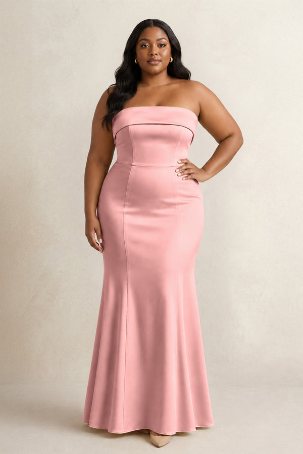 Rosette Strapless Satin Mermaid Bridesmaid Dress (3) [sizeplus] | KISSBRIDAL