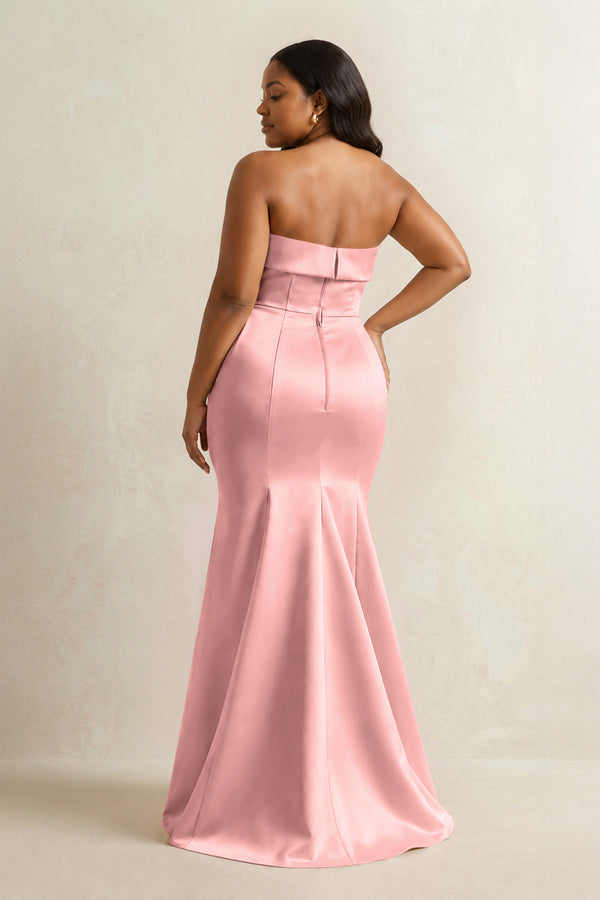 Rosette Strapless Satin Mermaid Bridesmaid Dress (4) [sizeplus] | KISSBRIDAL