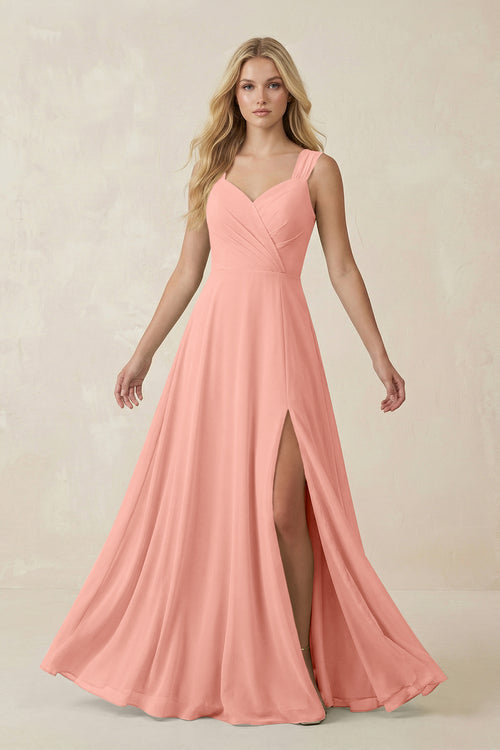 Rosette Sweetheart A-Line Chiffon Long Bridesmaid Dress | KISSBRIDAL