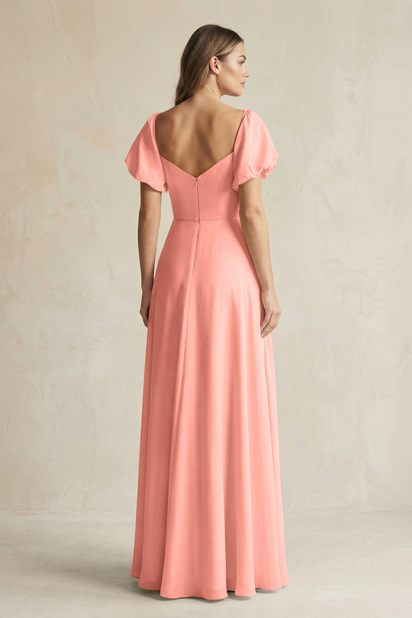 Rosette Sweetheart Puff Sleeve A-Line Chiffon Bridesmaid Dress (2) | KISSBRIDAL