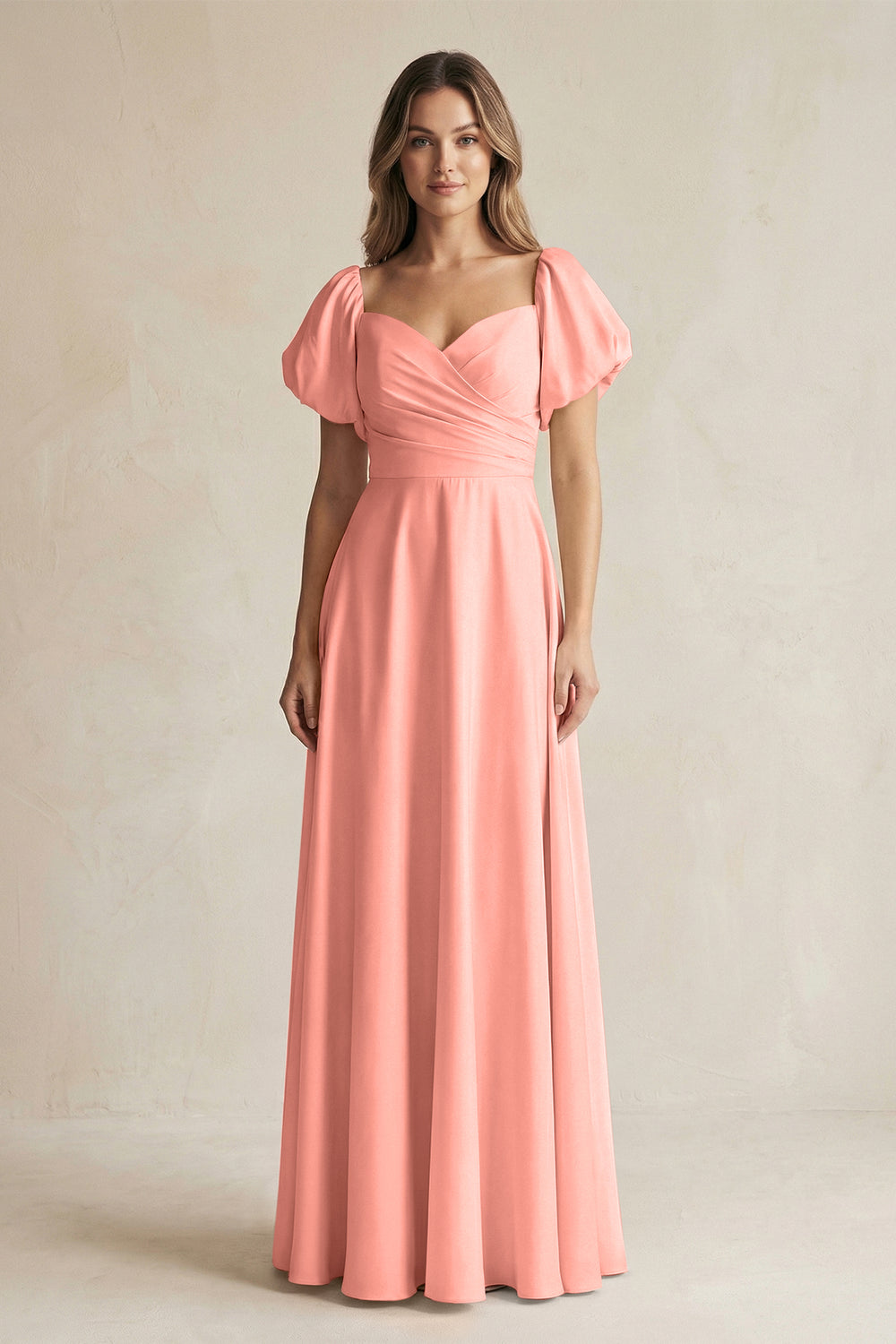 Sweetheart Puff Sleeve A-Line Chiffon Bridesmaid Dress in Rosette