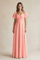 Rosette Sweetheart Puff Sleeve A-Line Chiffon Bridesmaid Dress | KISSBRIDAL