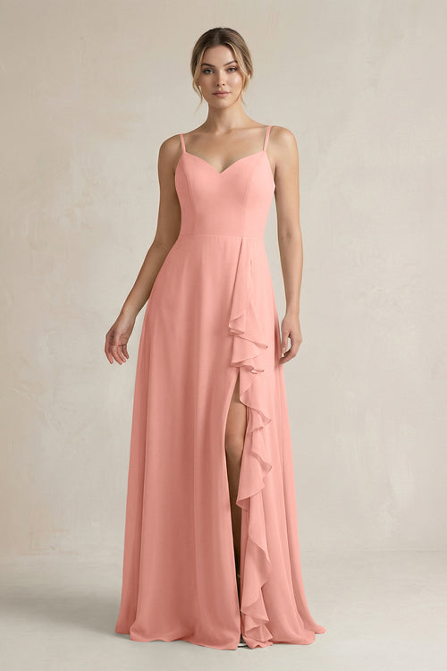 Rosette Sweetheart Ruffled A-Line Chiffon Bridesmaid Dress with Slit | KISSBRIDAL