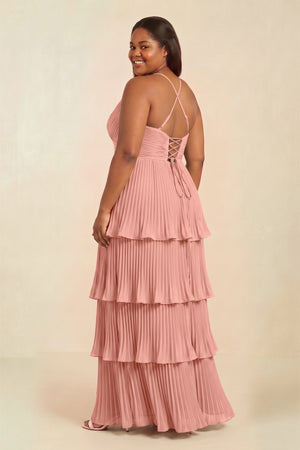 Rosette Tiered Pleated V-Neck A-Line Chiffon Bridesmaid Dress (2) [sizeplus] | KISSBRIDAL