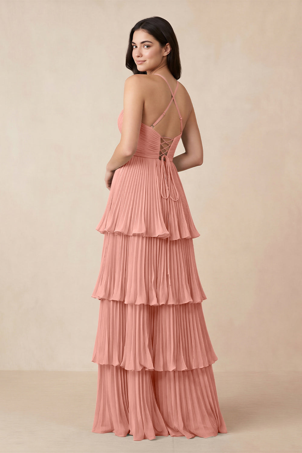 Tiered Pleated V-Neck A-Line Chiffon Bridesmaid Dress in Rosette