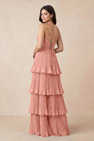 Rosette Tiered Pleated V-Neck A-Line Chiffon Bridesmaid Dress (2) | KISSBRIDAL