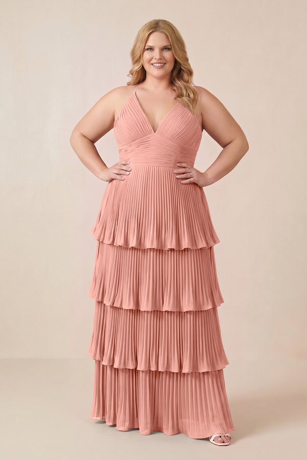 Rosette Tiered Pleated V-Neck A-Line Chiffon Bridesmaid Dress (3) [sizeplus] | KISSBRIDAL