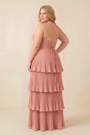 Rosette Tiered Pleated V-Neck A-Line Chiffon Bridesmaid Dress (4) [sizeplus] | KISSBRIDAL