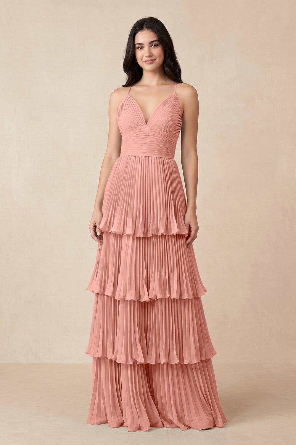 Tiered Pleated V-Neck A-Line Chiffon Bridesmaid Dress in Rosette