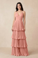 Rosette Tiered Pleated V-Neck A-Line Chiffon Bridesmaid Dress | KISSBRIDAL