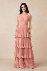 Rosette Tiered Pleated V-Neck A-Line Chiffon Bridesmaid Dress | KISSBRIDAL