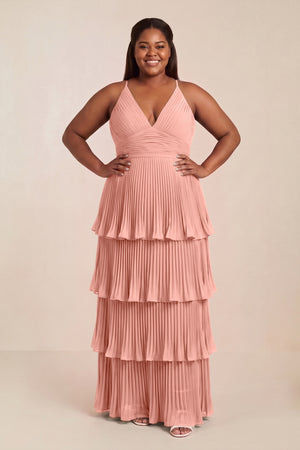 Rosette Tiered Pleated V-Neck A-Line Chiffon Bridesmaid Dress [sizeplus] | KISSBRIDAL