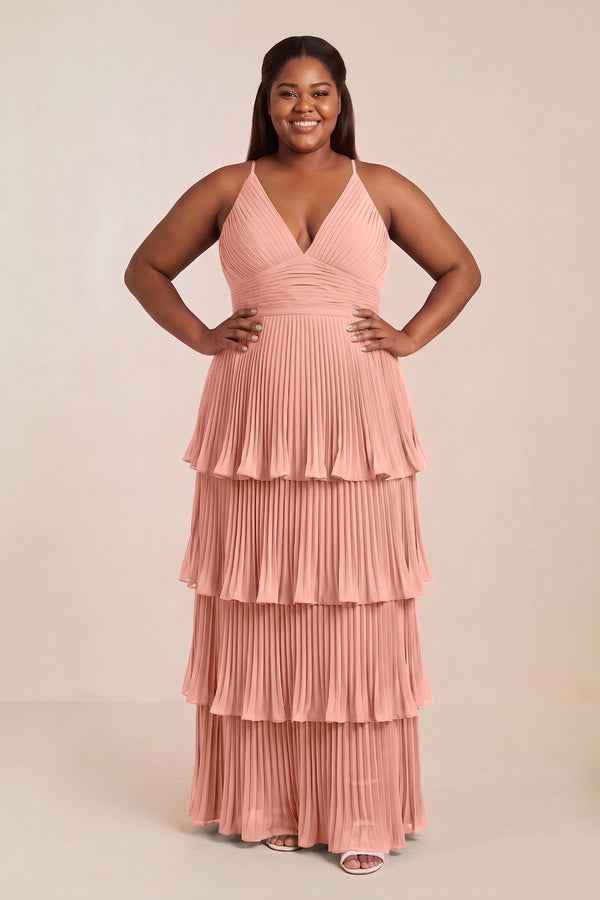 Rosette Tiered Pleated V-Neck A-Line Chiffon Bridesmaid Dress [sizeplus] | KISSBRIDAL