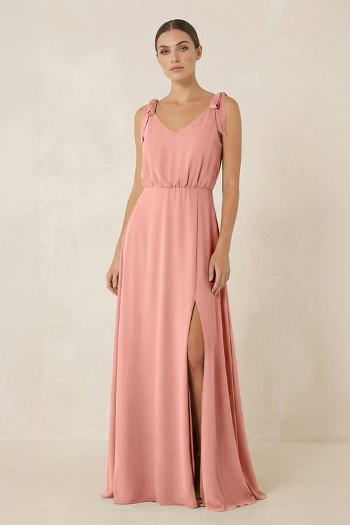 Rosette V-Neck A-Line Chiffon Bridesmaid Dress | KISSBRIDAL
