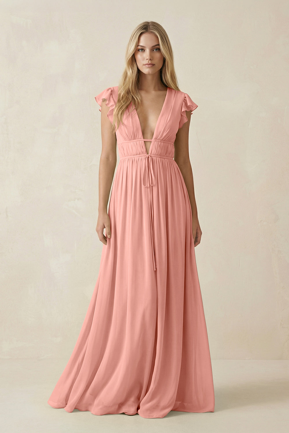 V-Neck A-Line Chiffon Cap Sleeves Bridesmaid Dress in Rosette