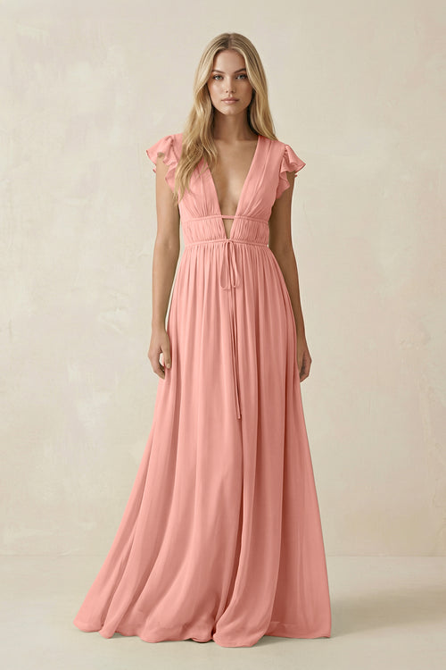 Rosette V-Neck A-Line Chiffon Cap Sleeves Bridesmaid Dress | KISSBRIDAL