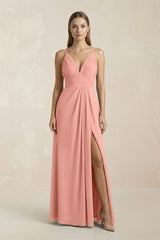 Rosette V-Neck A-Line Pleated Chiffon Bridesmaid Dress | KISSBRIDAL