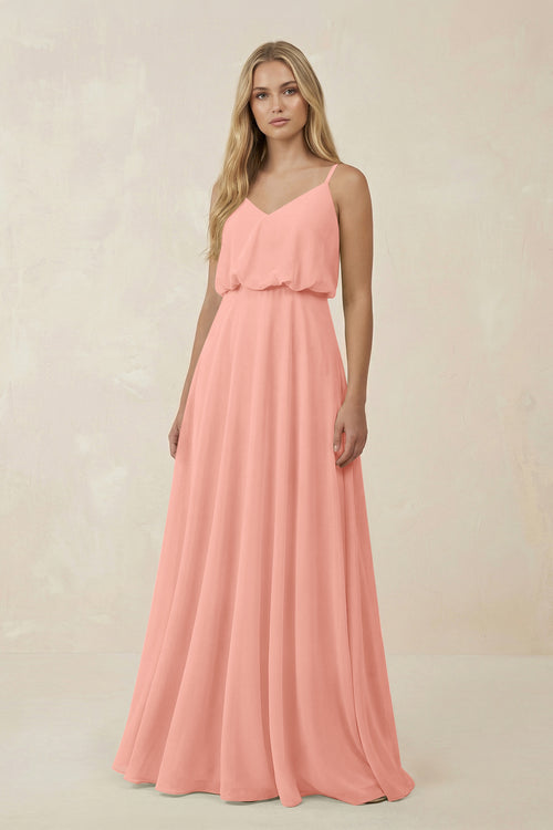Rosette V-Neck Blouson A-Line Chiffon Bridesmaid Dress | KISSBRIDAL