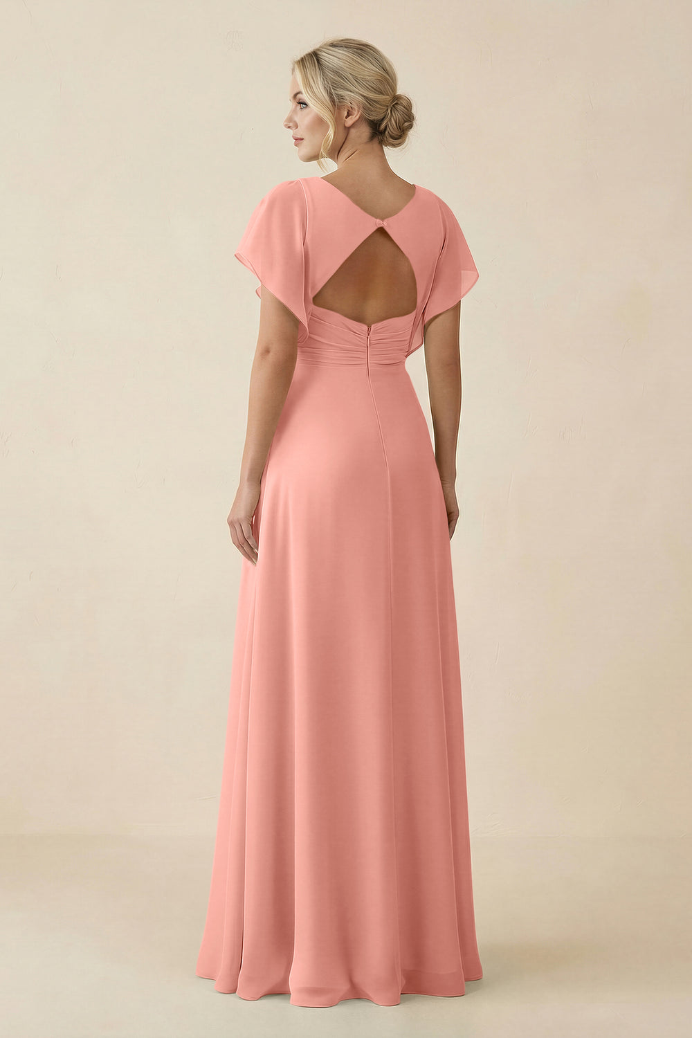 V-Neck Cap Sleeve Chiffon Bridesmaid Dress with Cut-out Back in Rosette