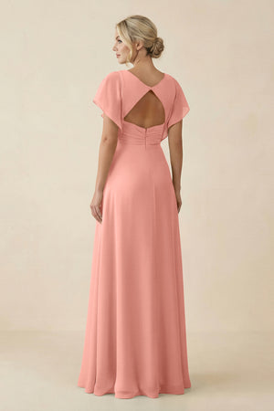 Rosette V-Neck Cap Sleeve Chiffon Bridesmaid Dress with Cut-out Back (2) | KISSBRIDAL
