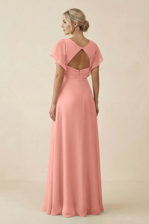 Rosette V-Neck Cap Sleeve Chiffon Bridesmaid Dress with Cut-out Back (2) | KISSBRIDAL