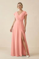 Rosette V-Neck Cap Sleeve Chiffon Bridesmaid Dress with Cut-out Back | KISSBRIDAL
