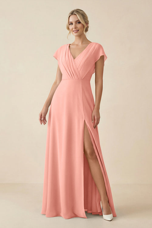 Rosette V-Neck Cap Sleeve Chiffon Bridesmaid Dress with Cut-out Back | KISSBRIDAL