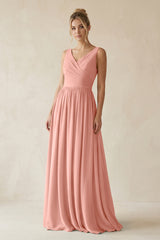 Rosette V-Neck Chiffon A-Line Long Bridesmaid Dress | KISSBRIDAL