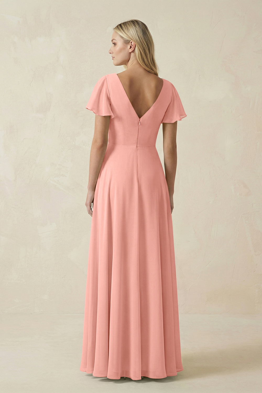 V-Neck Flutter Sleeve A-Line Chiffon Bridesmaid Dress in Rosette