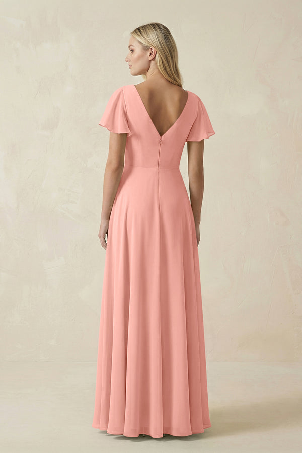 Rosette V-Neck Flutter Sleeve A-Line Chiffon Bridesmaid Dress (2) | KISSBRIDAL