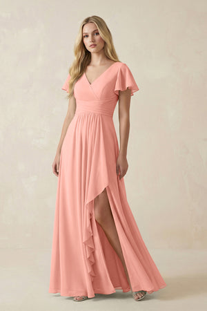 Rosette V-Neck Flutter Sleeve A-Line Chiffon Bridesmaid Dress | KISSBRIDAL