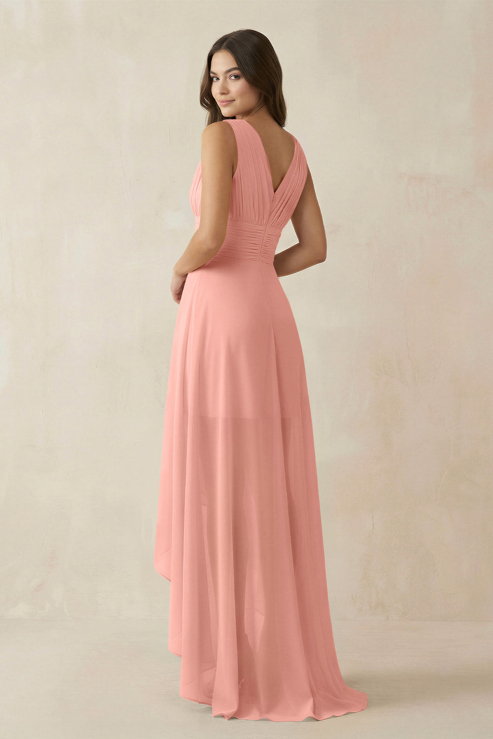 V-Neck High-Low Chiffon Bridesmaid Dress in Rosette