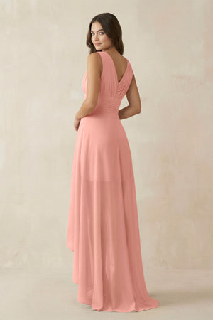 Rosette V-Neck High-Low Chiffon Bridesmaid Dress (2) | KISSBRIDAL