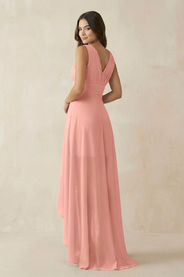 Rosette V-Neck High-Low Chiffon Bridesmaid Dress (2) | KISSBRIDAL