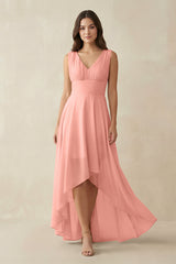 Rosette V-Neck High-Low Chiffon Bridesmaid Dress | KISSBRIDAL