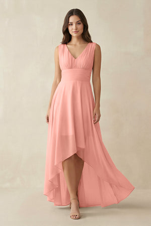 Rosette V-Neck High-Low Chiffon Bridesmaid Dress | KISSBRIDAL